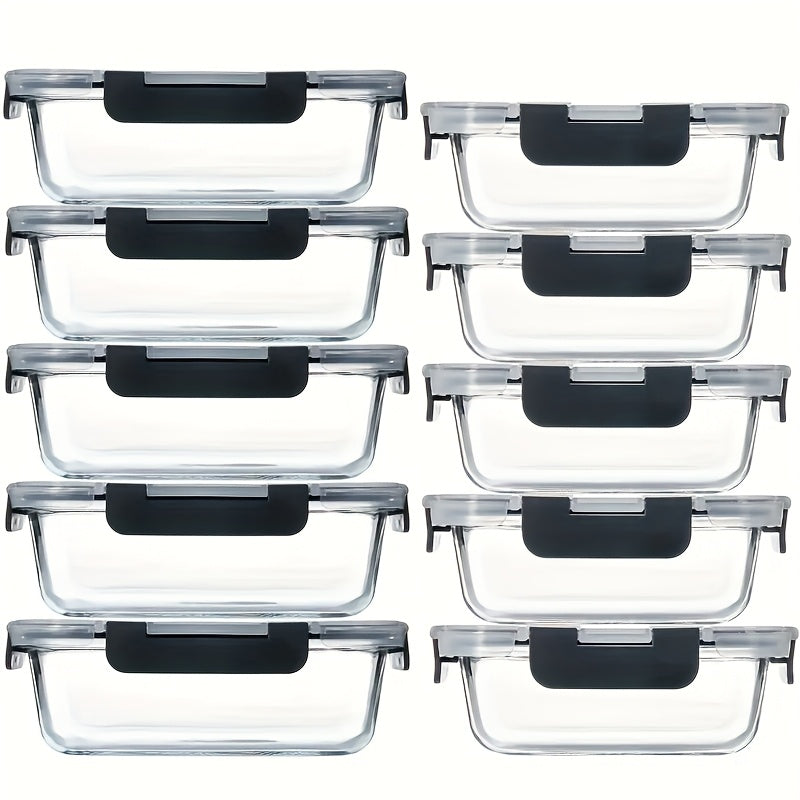 Glass Food Storage Containers with Lids 10-Piece Set – Airtight Leak-Proof Meal Prep Bento Boxes, Microwave Oven Freezer & Dishwasher Safe