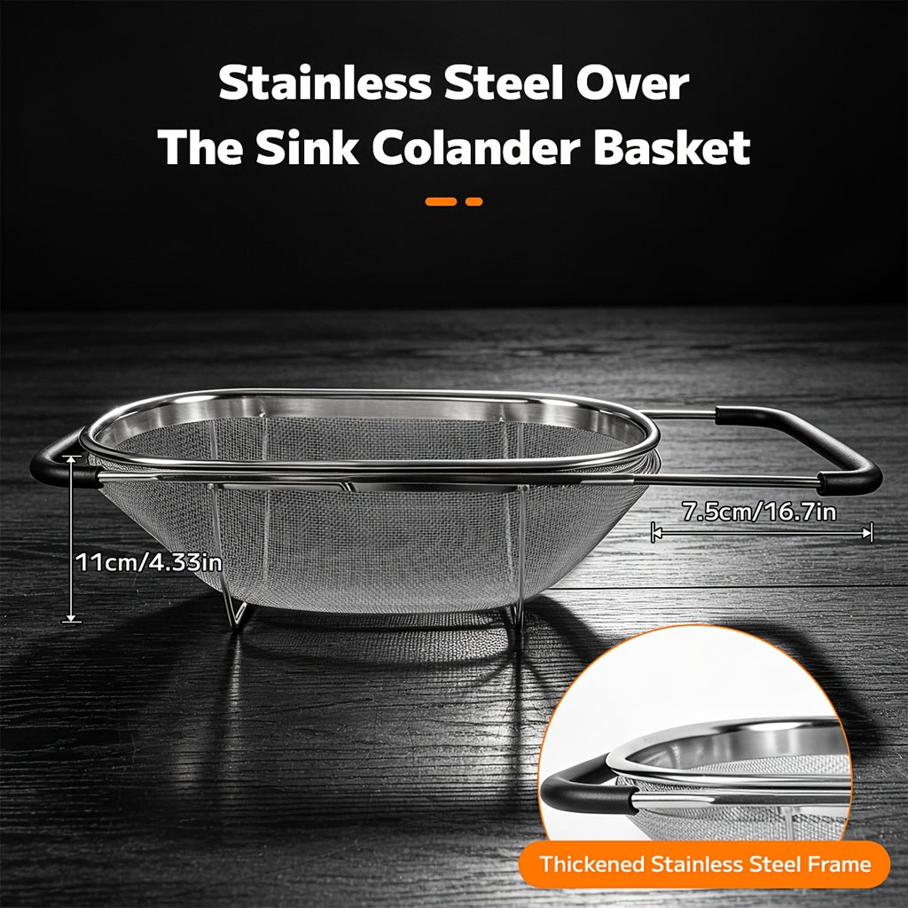 Expandable Over-the-Sink Stainless Steel Colander Strainer Basket – Fine Mesh with Rubber Grip for Draining Vegetables, Fruits & Pasta, Adjustable Sink Strainer, Small or Large