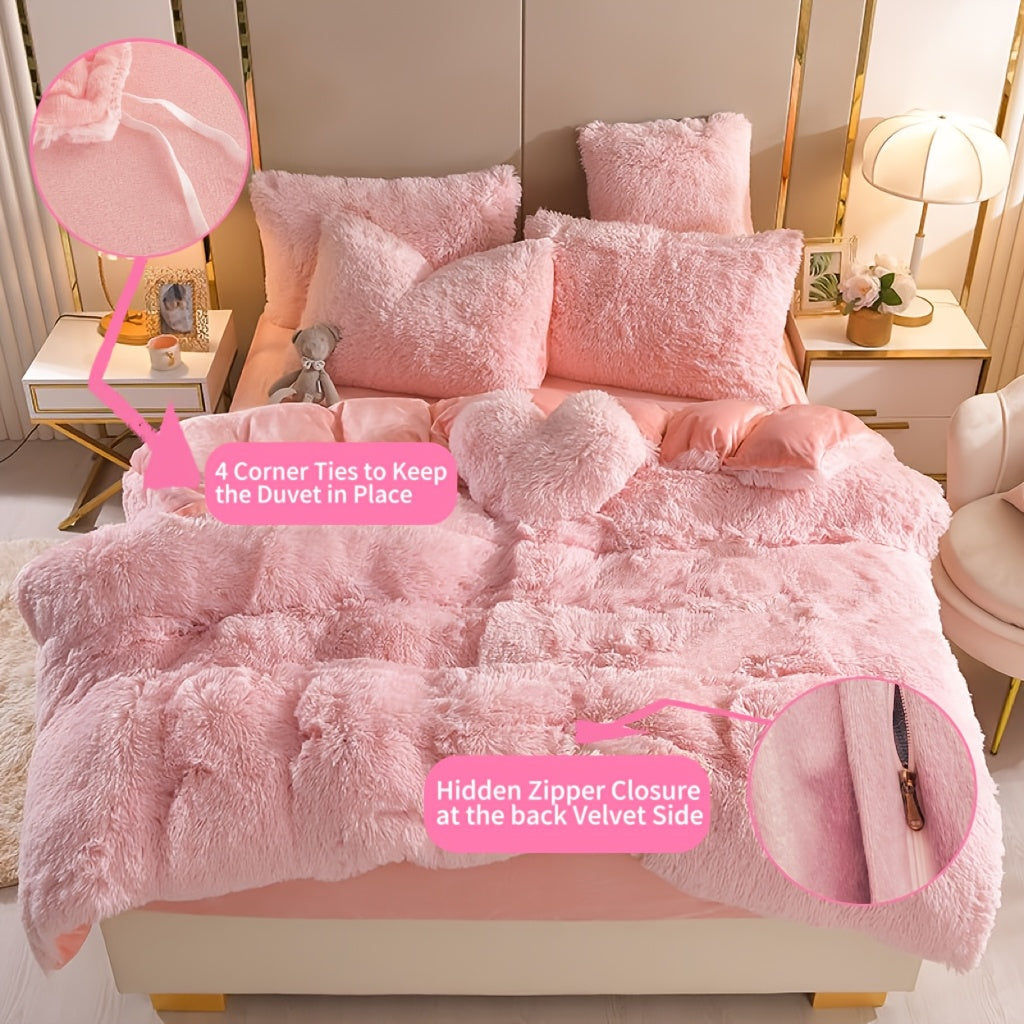 Velvet Duvet Cover Set Queen King Twin - Faux Down Flannel Bedding with Pillowcases & Bonus Heart Pillow, Zipper Closure Plush Thermal All-Season, 8 Colors 3/4-Piece