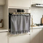Farmhouse Oven Skirt Curtain – Handmade Checkered Ruffled Drawstring Decorative Panels for Oven, Stove & Cabinet Covers | Rustic Kitchen Appliance Decor | Nuvia Haven
