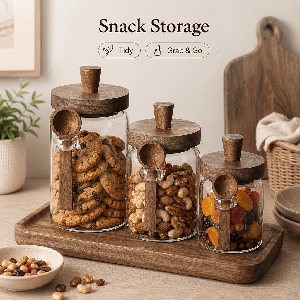 Airtight Glass Canisters Set of 3 with Spoon - Leak-Proof Kitchen Storage Jars for Coffee, Sugar, Flour & Tea, Round Glass Jars with Dark Brown Lids for Pantry & Countertop