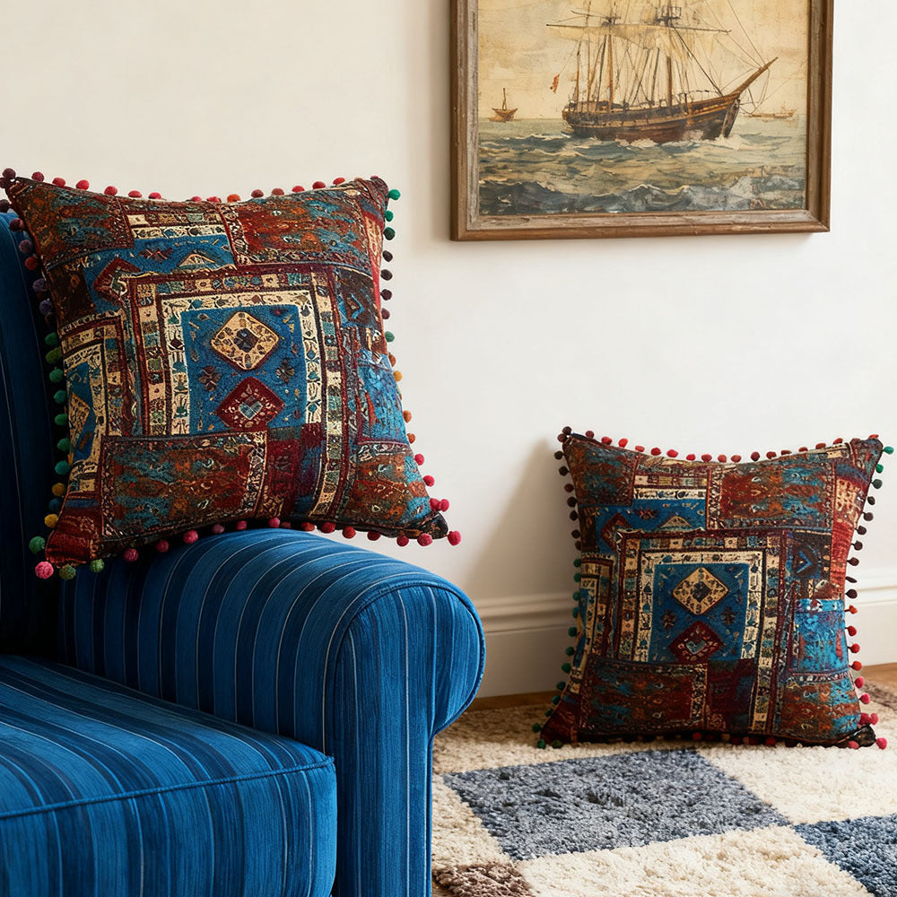 2-Pack Turkish Moroccan Throw Pillows with Inserts Reversible Floral Boho Decorative Pillow 18x18 Inch Polyester Square Cushion Zip Cover for Sofa Couch Bedroom Living Room 7 Colors