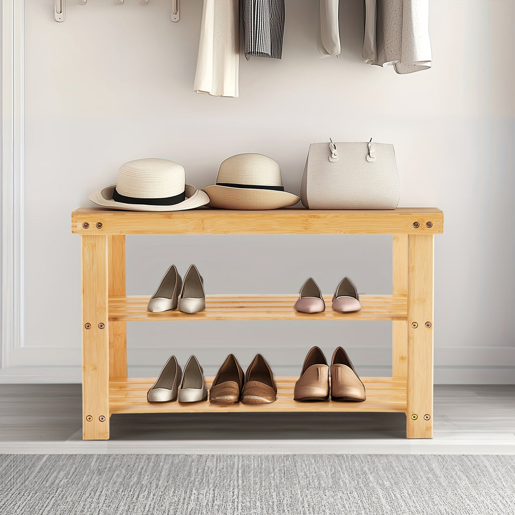 3-Tier Bamboo Shoe Rack Bench with 286 lbs Capacity – Compact Entryway Shoe Storage Organizer for Bedroom Living Room Balcony Mudroom, Brown & Black