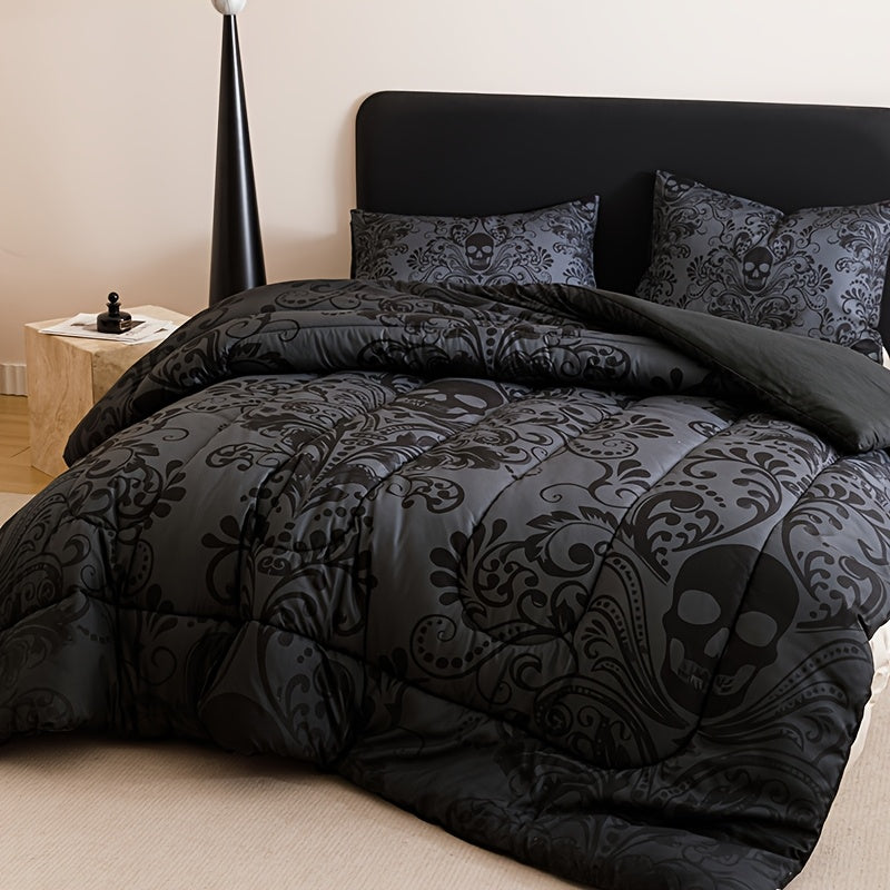 Skull Quilt Set 3 Pcs – Black & Gray Digital Print Comforter with 2 Pillowcases, 180GSM Soft Breathable Bedding for Twin Full Queen King Dorm & Bedroom Decor