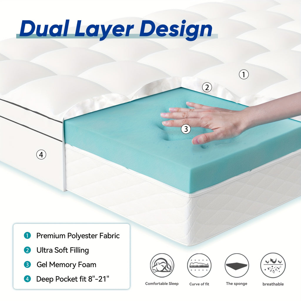 4 Inch Gel Memory Foam Mattress Topper | Dual Layer 2" Gel Foam + 2" Pillow Top, Removable Washable Cover, 8-21" Deep Pocket – Twin, Twin XL, Full, Queen