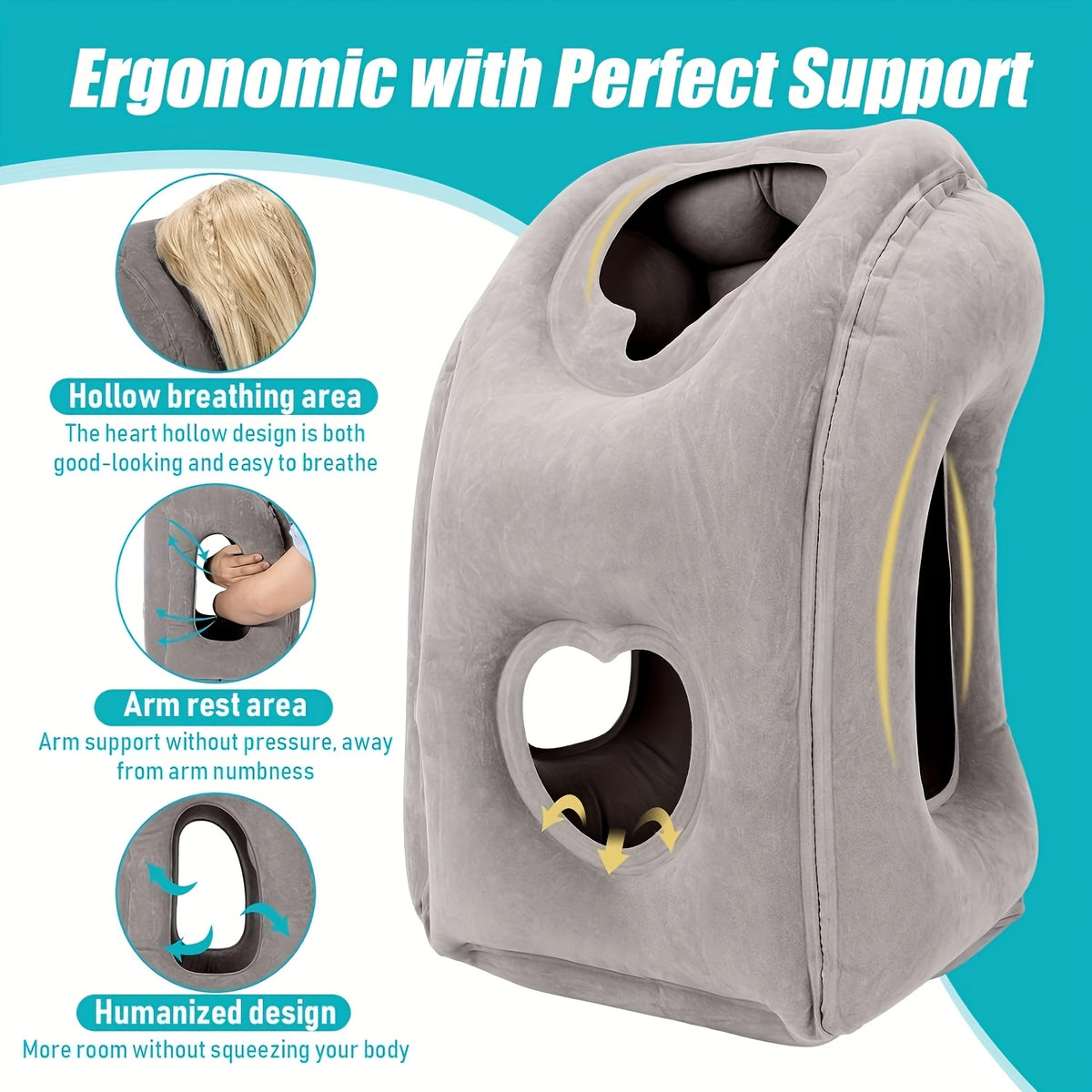 Inflatable Travel Neck Pillow with Patented Valve – Adjustable Firmness Ergonomic Air Pillow for Flights Cars Trains Office Napping, Lightweight Compact, Grey & Black