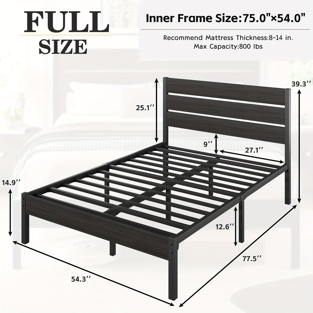 Metal Platform Bed Frame with Headboard & Footboard | 12.2" Under-Bed Storage, 800 lbs Capacity, Noise-Free, No Box Spring Needed – Queen & Full, Rustic Grey