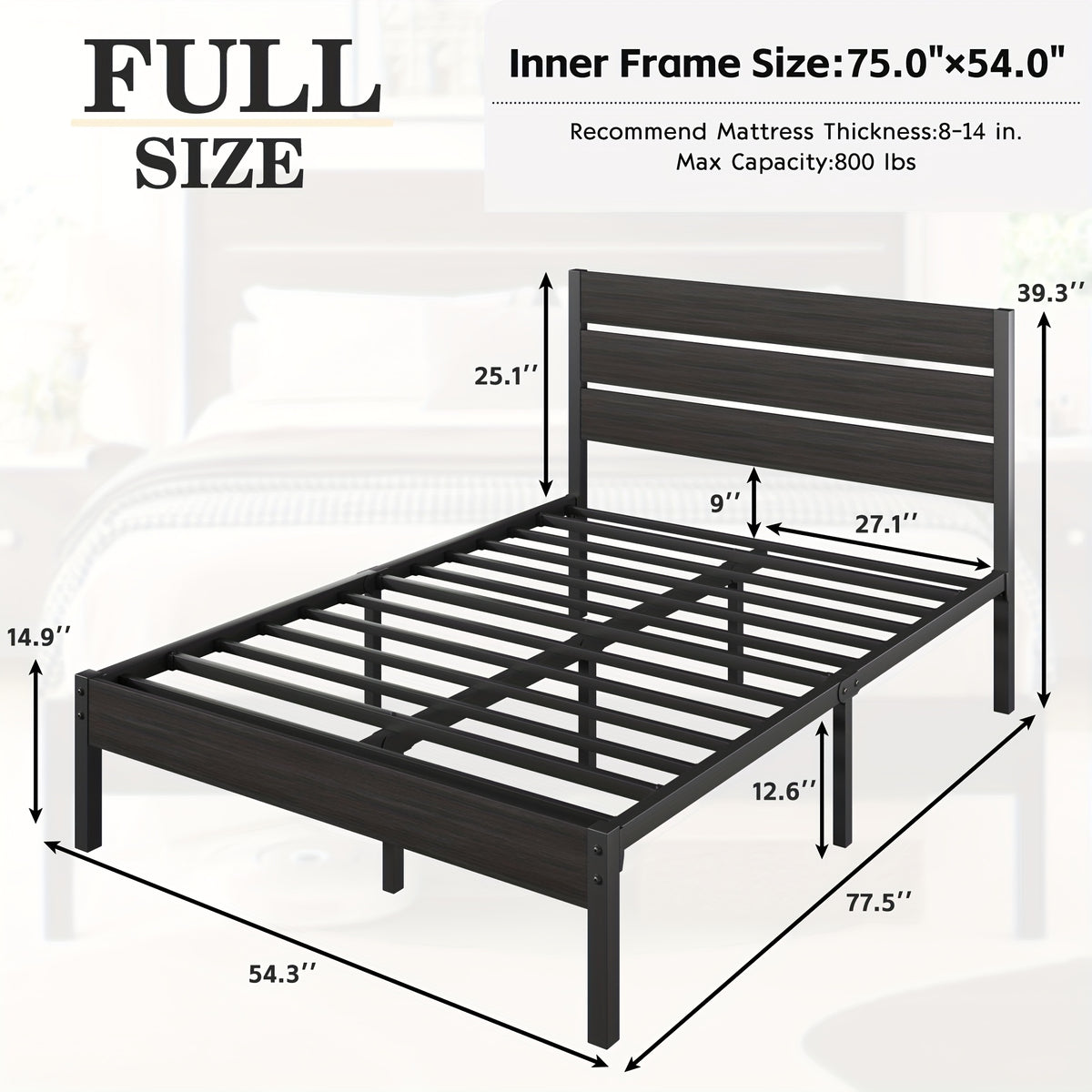 Metal Platform Bed Frame with Headboard & Footboard | 12.2" Under-Bed Storage, 800 lbs Capacity, Noise-Free, No Box Spring Needed – Queen & Full, Rustic Grey