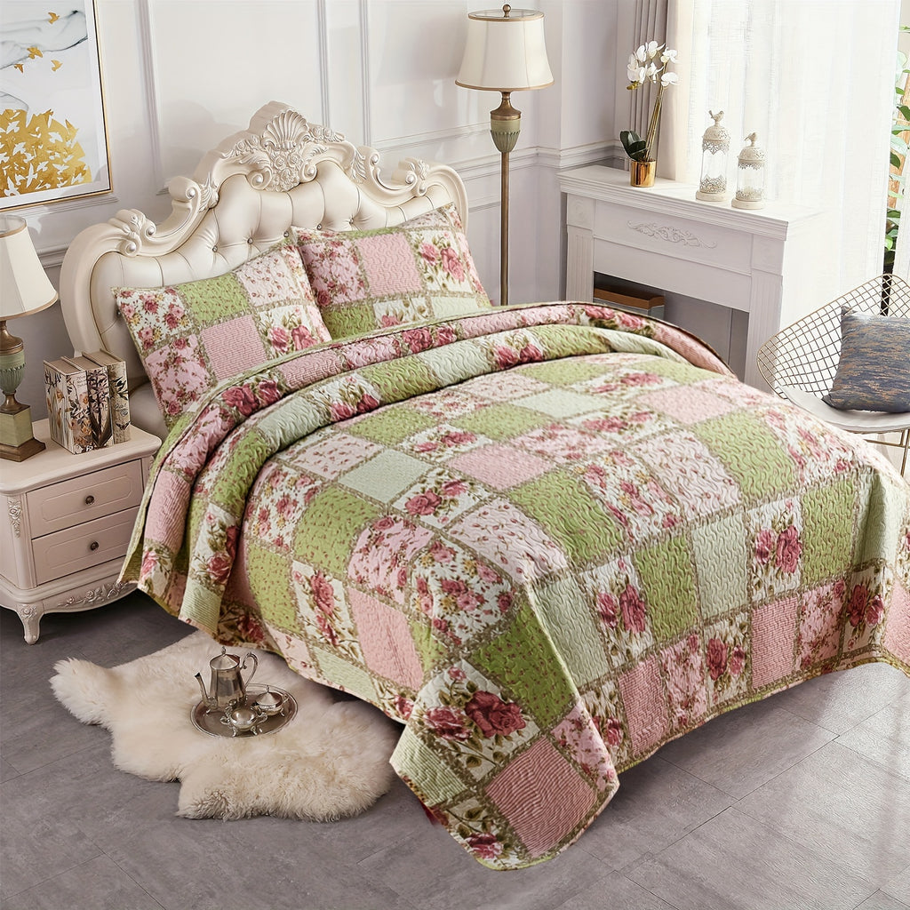 Patchwork Quilt Set 3-Piece Boho Reversible Coverlet Queen King Size Soft Lightweight Bedspread with 2 Pillow Shams All-Season Floral Stripes Bedroom Decor