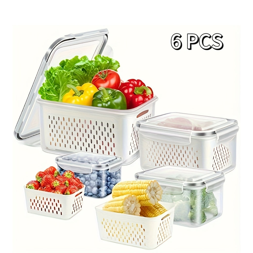 Food Storage Containers Set 6-Piece BPA-Free with Drain Baskets & Lids - Leak-Proof Freezer-Safe Crisper Boxes for Fruits, Vegetables & Meal Prep Leftovers, Reusable Kitchen Organizers