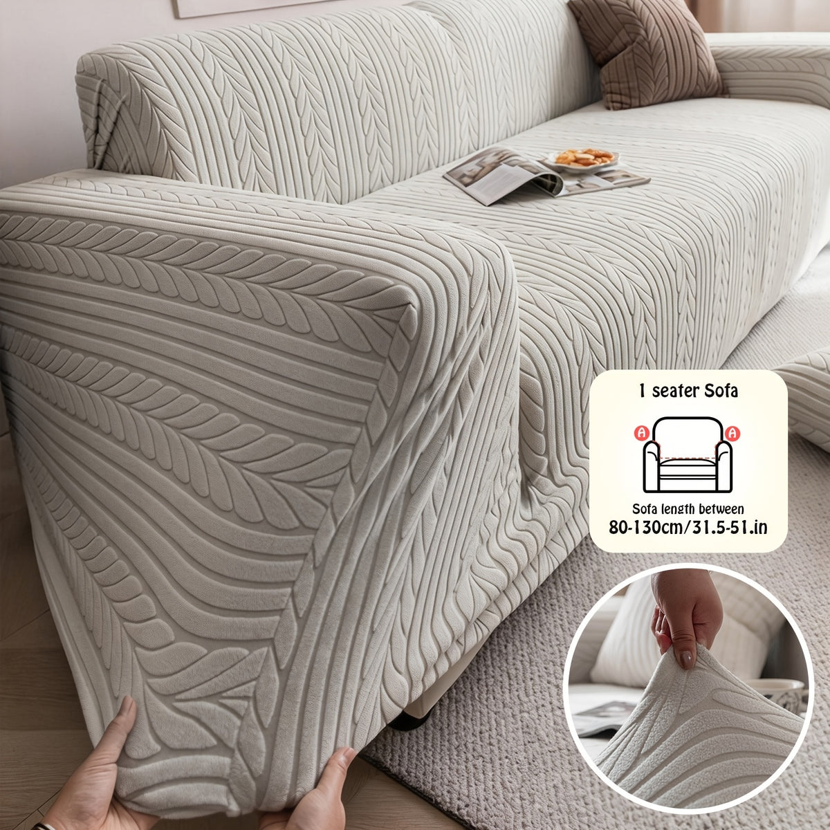 Striped Stretch Sofa Cover 1pc – Washable Non-Slip Scratch-Resistant All-Season Sofa Slipcover for 1 2 3 4 Seater, White Sawtooth Textured Fabric Couch Protector for Living Room Home Decor