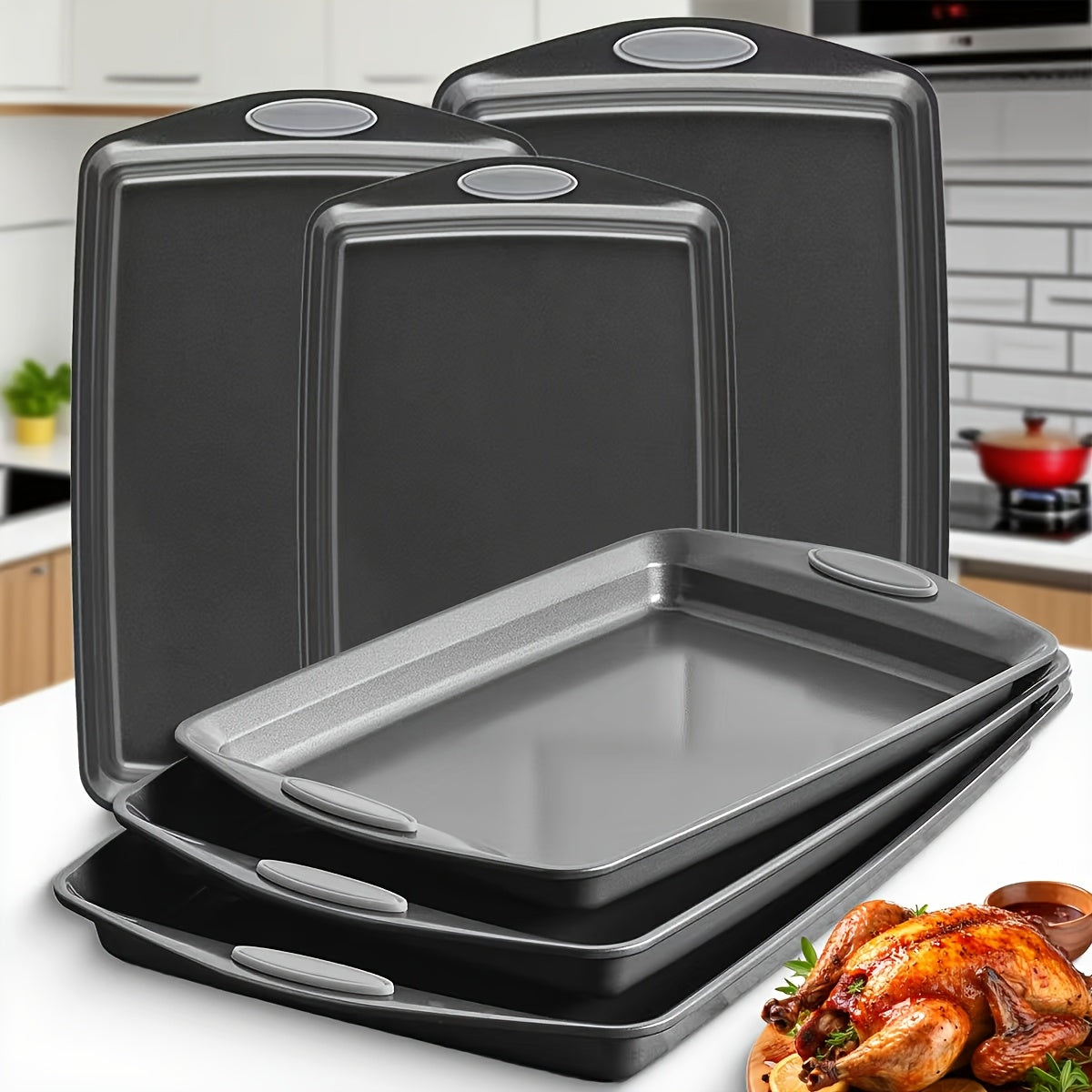 Non-Stick Baking Sheet Set with Silicone Handles – Heavy Carbon Steel Cookie Trays, Stackable, Assorted Sizes, 2/3/6/12/24 Pack for Baking & Roasting