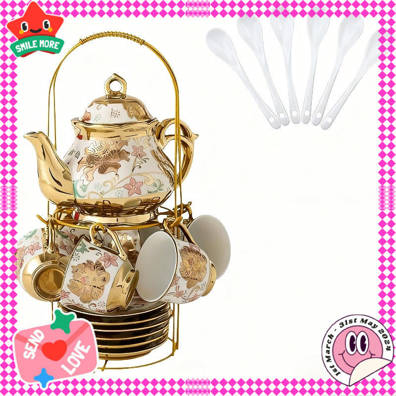 20 Piece Ceramic Tea Set Floral Design – European Afternoon Tea Service with Teapot, Cups, Saucers & Metal Stand – Blooming Style, Gift for Tea Lovers
