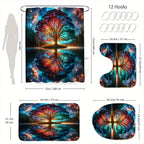 Tree of Life Shower Curtain Set 4 Piece – Includes Shower Curtain with 12 Hooks, Non-Slip Bath Mat, U-Shape Toilet Mat & Lid Cover – Boho Bathroom Decor