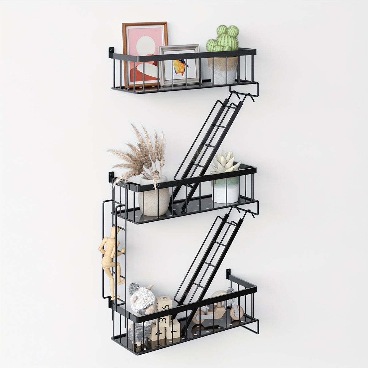 3-Tier Black Metal Floating Wall Shelf – Fire Escape Decorative Ladder Shelf, Wall Art Display Shelf for Bedroom Home Office Bathroom Living Room, Industrial Floating Shelves Room Decor