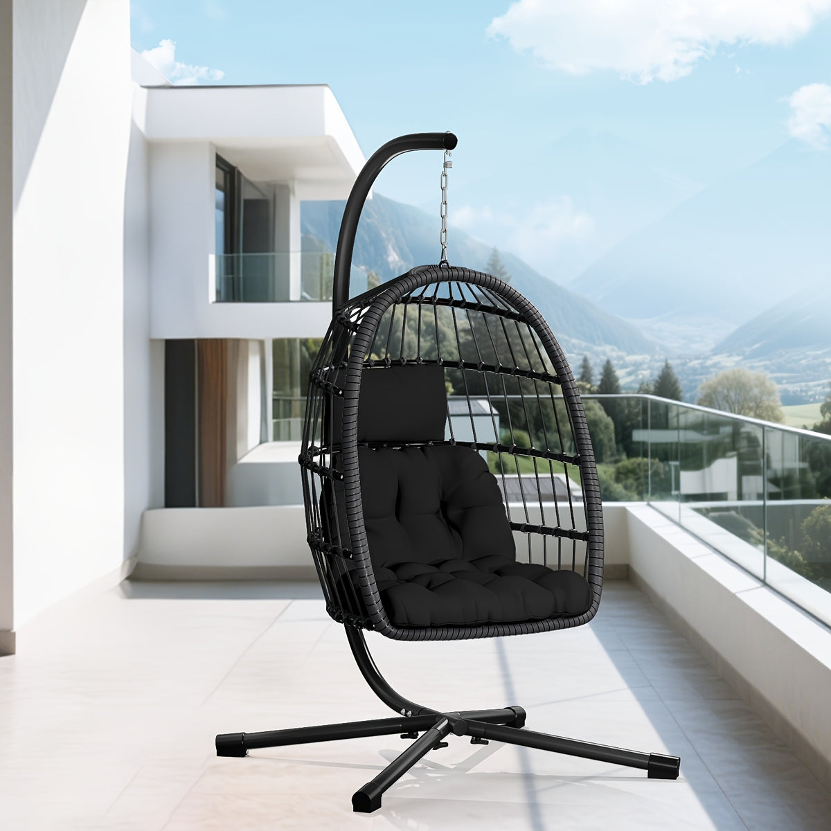 Egg Chair with Stand Rattan Wicker Outdoor Swing Hammock Chair Thickened Aluminum Frame UV-Resistant Cushion 350LBS Single or Two-Seater