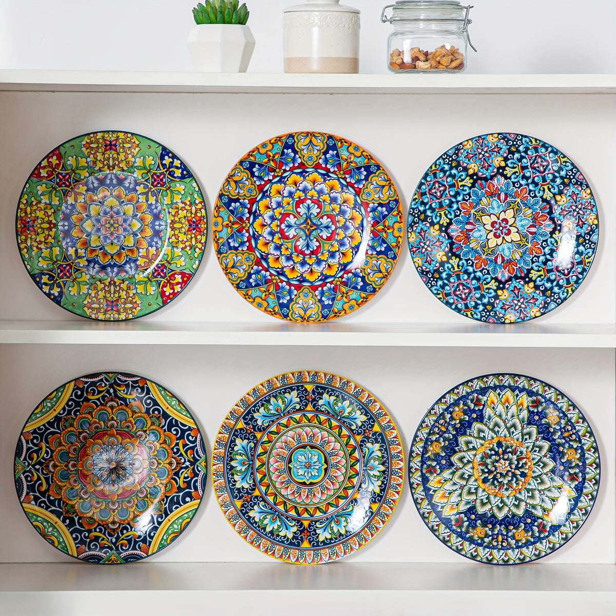 Bohemian Porcelain Dinner Plate Set of 6 - 10.5 Inch Large Serving Plates, Microwave & Dishwasher Safe, Elegant Ceramic Dinnerware for Daily Use, Parties & Gifting
