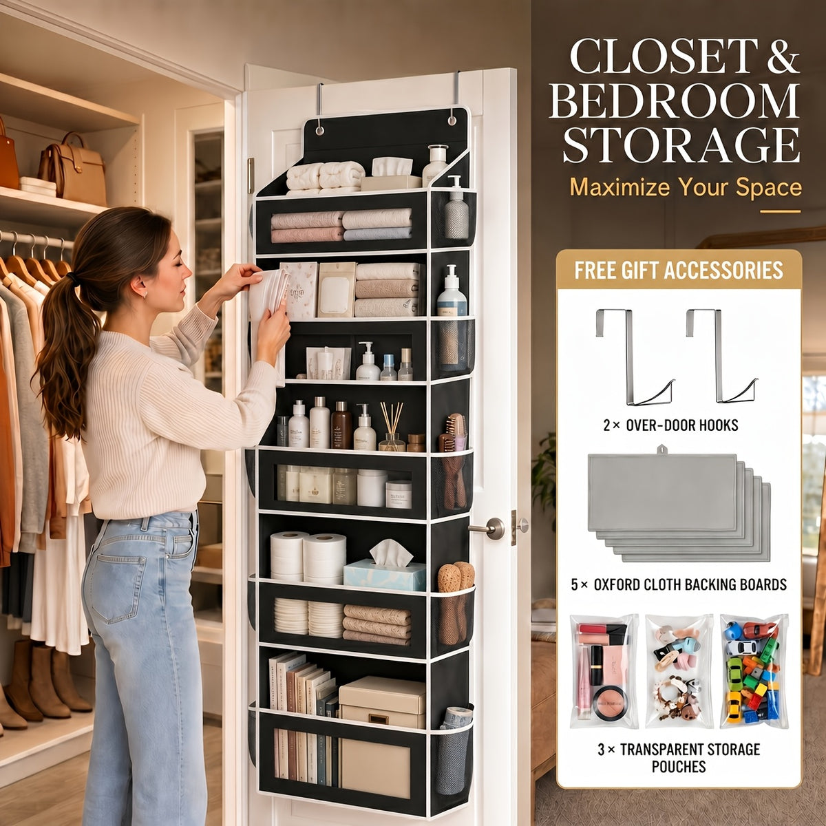 5-Shelf Over Door Hanging Organizer Non-Woven – No Drill Wall & Door Mount Storage Bag with Shelf Baskets for Bedroom, Bathroom & Closet