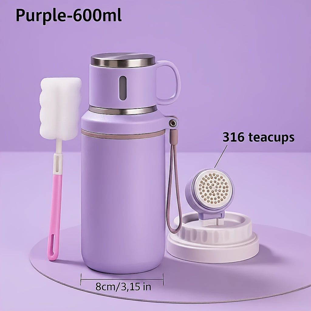 Insulated Water Bottle 600ml Stainless Steel Double Wall Vacuum Leak-Proof with Handle & Cleaning Brush for Outdoor Travel Office Gym