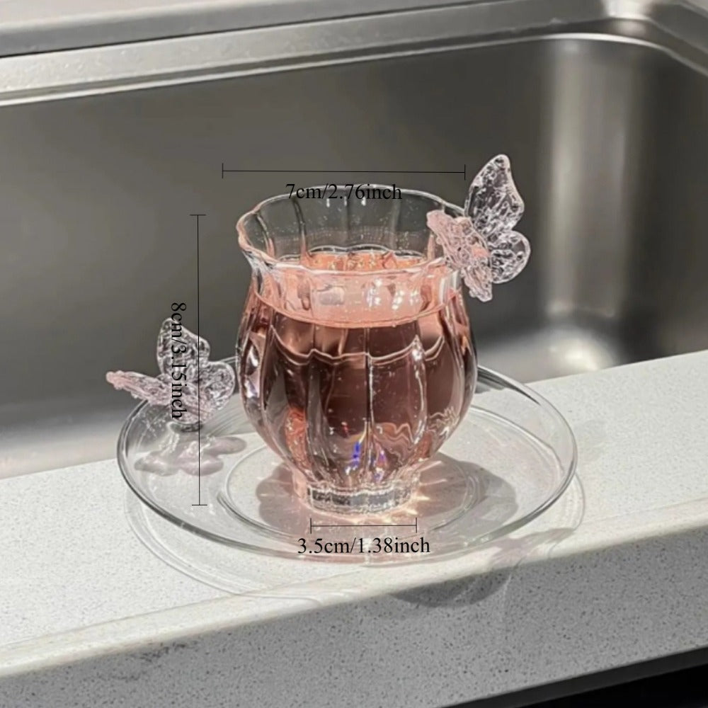 Borosilicate Glass Lotus Tea Cup with Plate 4.73oz – Heat Resistant Transparent Glassware, French Princess Style for Home, Office & Gifting