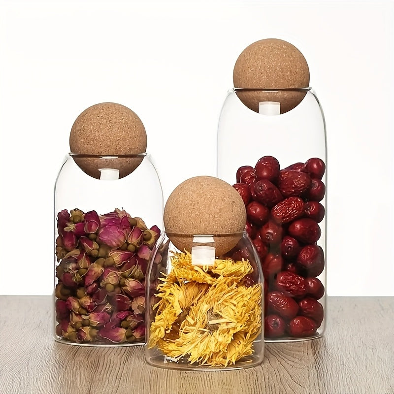 Glass Storage Jars Set of 3 Large Airtight Pantry Jars with Cork Ball Lid & Spoon – Transparent Sealed Canisters for Coffee Beans, Tea, Sugar, Spices & Candy