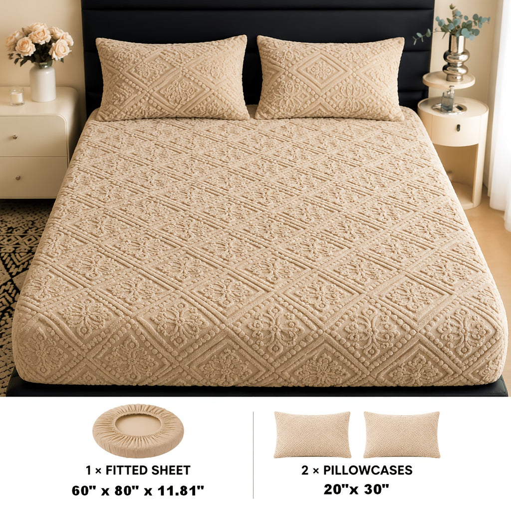 Embossed Fitted Sheet Set Super Soft Deep Pocket - European Texture Bed Sheets All Season, Machine Washable, Optional Pillowcases, Twin Full Queen King Sizes, 5 Colors Bedroom Bedding