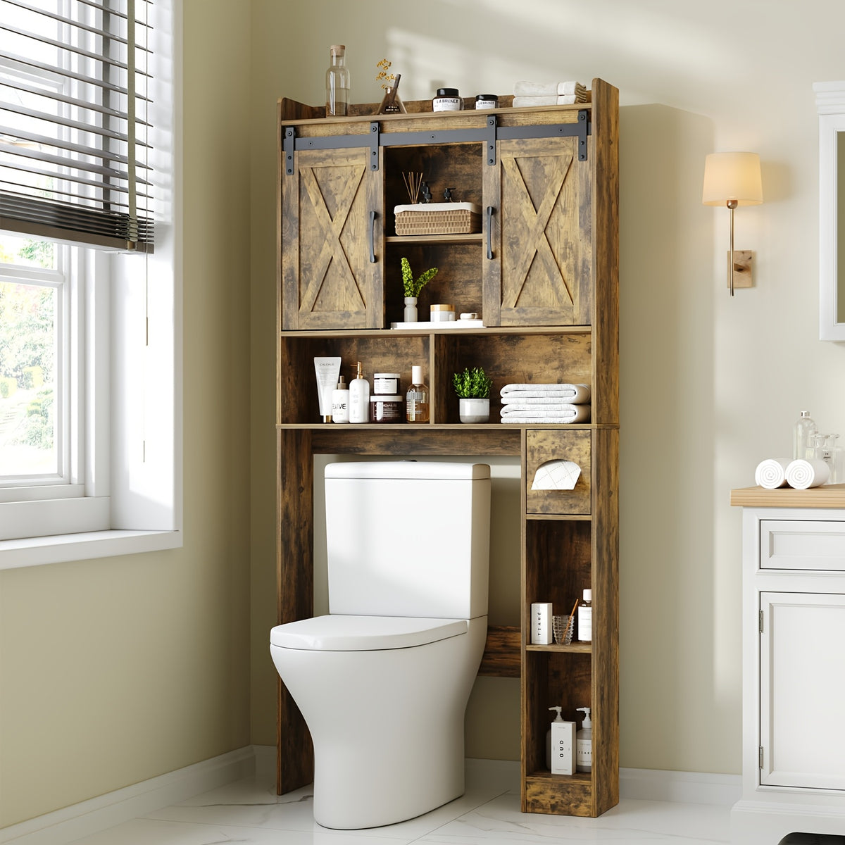 Farmhouse Over Toilet Cabinet with Sliding Doors Engineered Wood Adjustable Shelf Toilet Paper Holder Stand Space Saving Bathroom Storage No Wall Mount Multiple Colors
