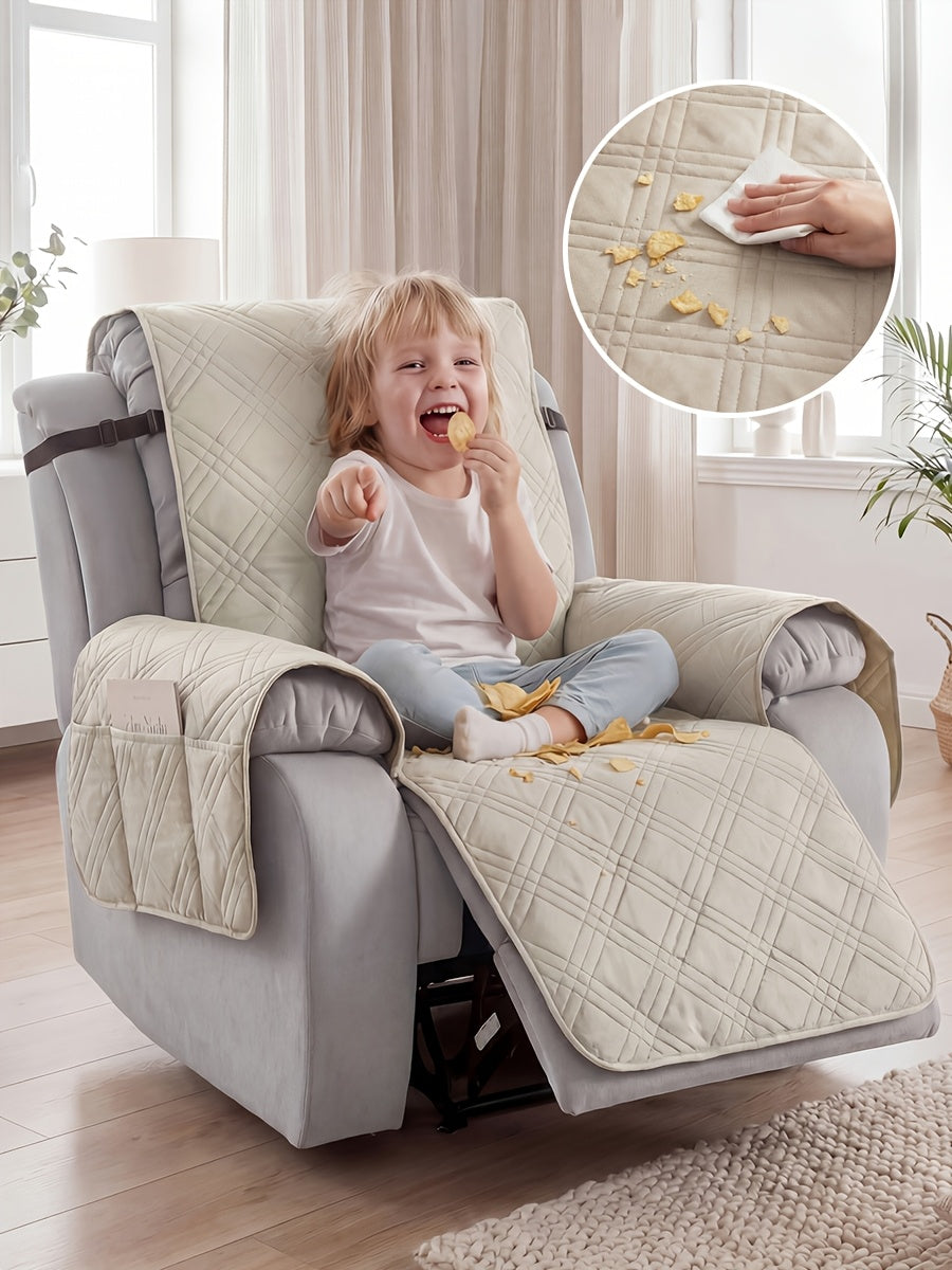 Quilted Recliner Cover with Side Pocket Anti-Slip Elastic Band Pet Furniture Protector – Easy to Install Sofa Recliner Slipcover for Living Room, All-Season Home Decor