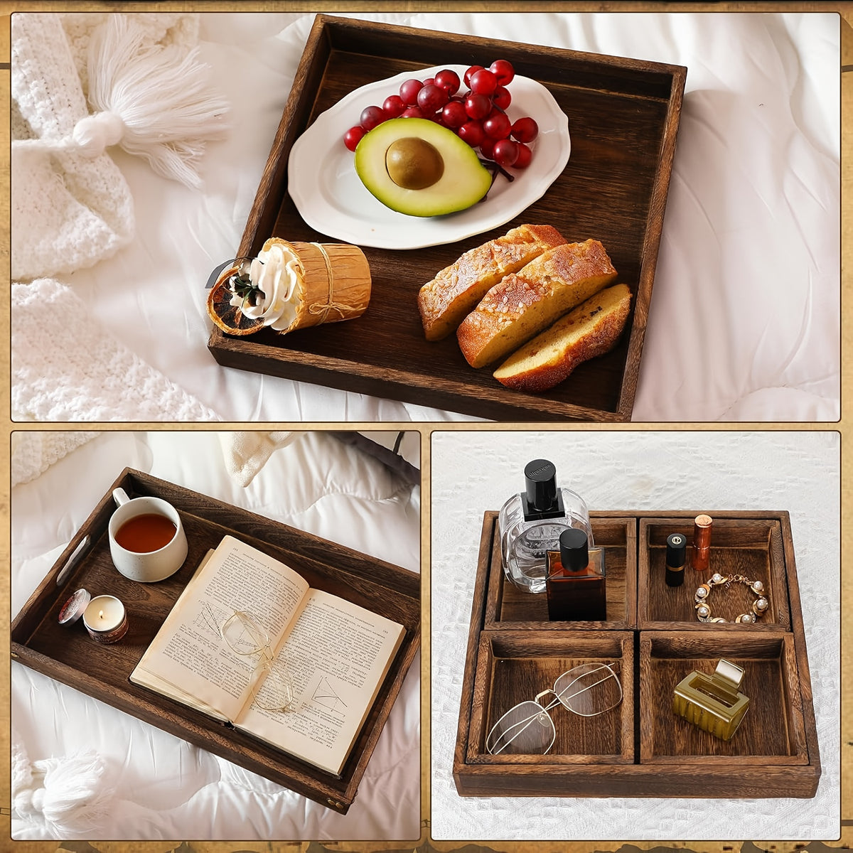 7-Piece Rustic Rectangular Serving Trays with Handles Vintage Elegance Tea Coffee Snack Fruit Dessert Tray Set for Kitchen Living Room