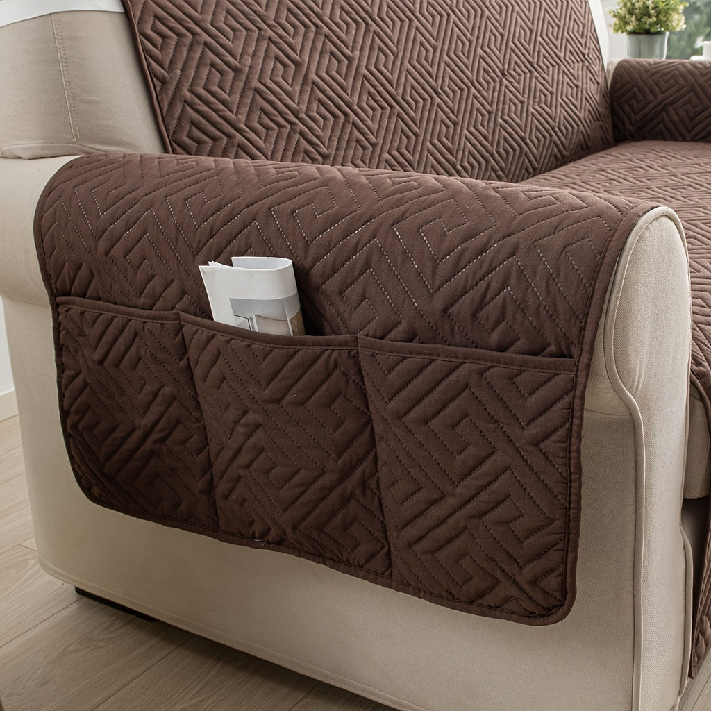 Quilted Sofa Cover One-Piece Cushion Slipcover with Anti-Slip Elastic Band – Pet-Friendly Scratch-Resistant Washable Removable Furniture Cover for Living Room Bedroom Hotel Home Decor