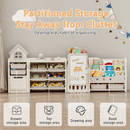 Kids Toy Storage Organizer Foldable with 10 Removable Bins, 3-Tier Bookshelf & Drawing Board – 3-in-1 / 4-in-1 Large Playroom Storage Unit for Bedroom Living Room, L-Shape or Straight, Beige Pink Blue