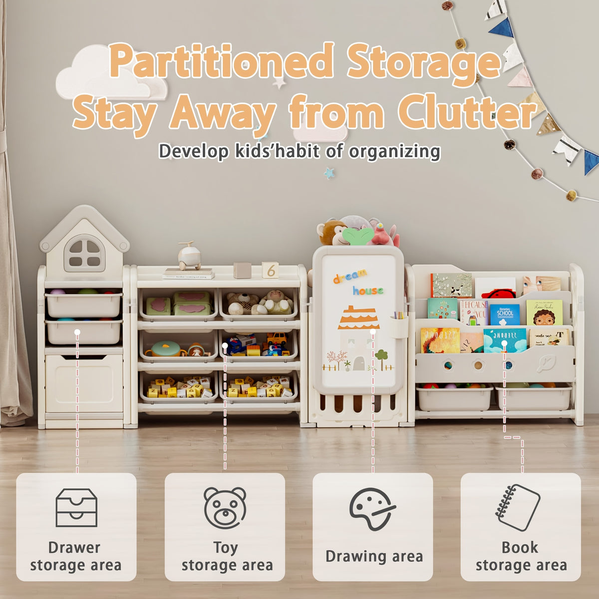Kids Toy Storage Organizer Foldable with 10 Removable Bins, 3-Tier Bookshelf & Drawing Board – 3-in-1 / 4-in-1 Large Playroom Storage Unit for Bedroom Living Room, L-Shape or Straight, Beige Pink Blue