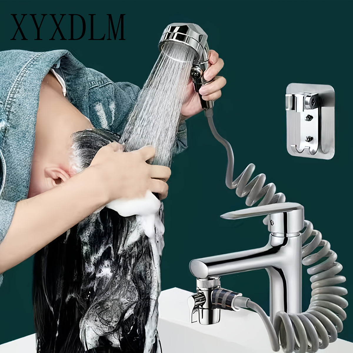 Handheld Shower Head Kit with Bracket, Diverter & Telescopic Hose – High-Pressure Faucet Adapter Shampoo Spray Set for Bathroom Sink, Travel & Portable Shower Use