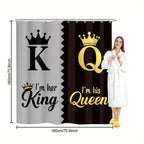 King Queen Shower Curtain Set 4pcs – Bathroom Curtain with 12 Hooks, Non-Slip Rug, Toilet U-Shape Mat & Lid Cover, Modern Bathroom Accessories