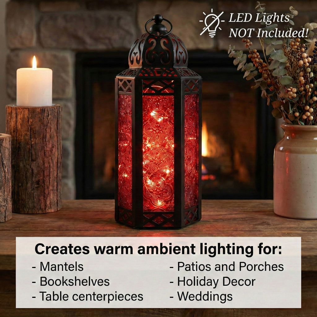 Moroccan Candle Lantern Holder Medium 10.5 Inch – Handcrafted Glass Iron Metal Lantern with Embossed Floral Panels, 17 Colors, Indoor Outdoor Use for Ramadan, Wedding, Patio, Diwali & Home Decor