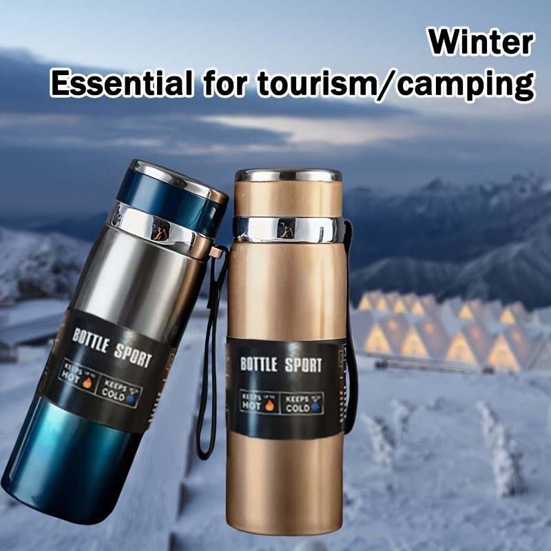 316 Stainless Steel Insulated Water Bottle 800ml/27oz with Carrying Sling - Keeps Cold 24 Hrs & Hot 10 Hrs, Portable Travel Bottle for Camping Hiking Driving, Gradient Blue Red Steel