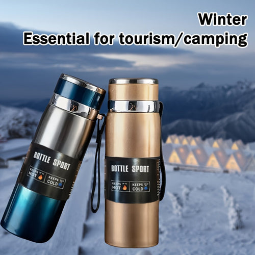 316 Stainless Steel Insulated Water Bottle 800ml/27oz with Carrying Sling - Keeps Cold 24 Hrs & Hot 10 Hrs, Portable Travel Bottle for Camping Hiking Driving, Gradient Blue Red Steel