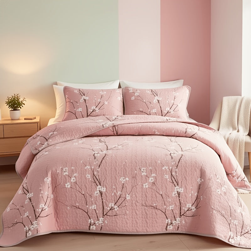 Plum Blossom Quilt Set 2 3 Piece - Soft Breathable Hypoallergenic Quilted Bedspread with Pillowcases Twin Full Queen King Machine Washable
