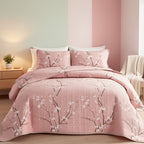 Plum Blossom Quilt Set 2 3 Piece - Soft Breathable Hypoallergenic Quilted Bedspread with Pillowcases Twin Full Queen King Machine Washable