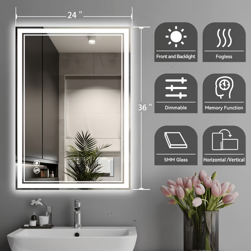 LED Bathroom Mirror with Lights Anti-Fog Dimmable 3 Color Temperatures, Touch Sensor & Wall Switch, Memory Function Tempered Glass Vanity Mirror – Wall Mounted Horizontal or Vertical, 5 Sizes
