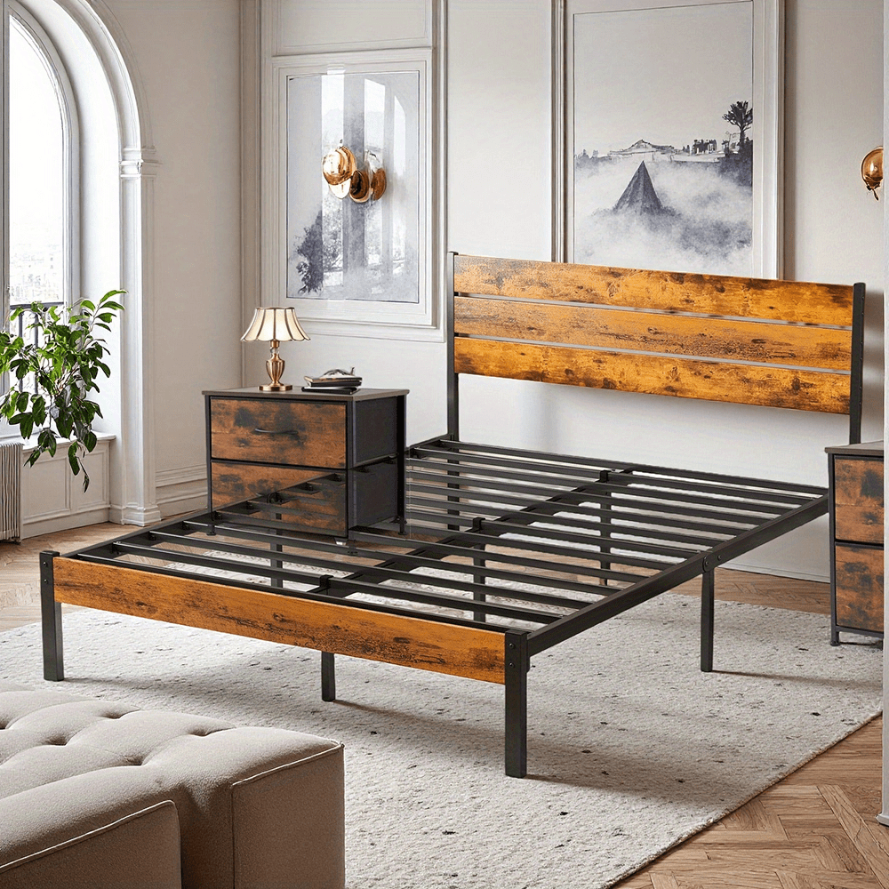 Metal Frame Bed Frame with Headboard No Box Spring Needed, Sturdy Wood Slats Support 800 lbs, Twin Full Queen, Bedroom Platform Bed
