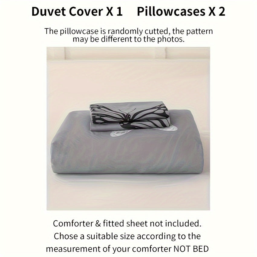 Gray Butterfly Print Duvet Cover Set 3pcs Black White Butterfly Quilt Cover with Pillowcases Twin Full Queen King