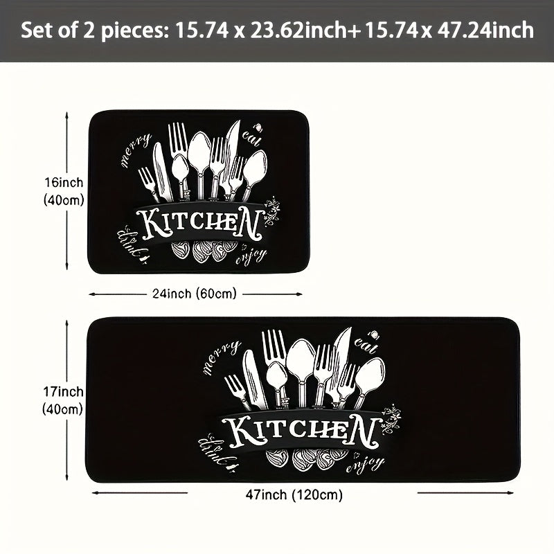 Black Kitchen Mat Set 2 Piece Cookware Pattern Anti-Slip Rubber Backing – Machine Washable Absorbent Soft Polyester Floor Rugs for Kitchen, Bathroom & Entryway