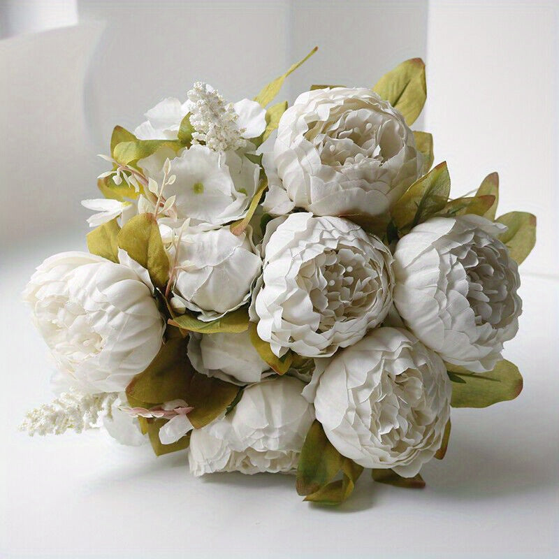 Artificial Peony Bouquet 13 Heads UV-Resistant Realistic Silk Flowers with Green Foliage Sturdy Stems Pink Red White Blue Purple Yellow Lavender Peach for Wedding Home Garden Office Indoor Floral Decor
