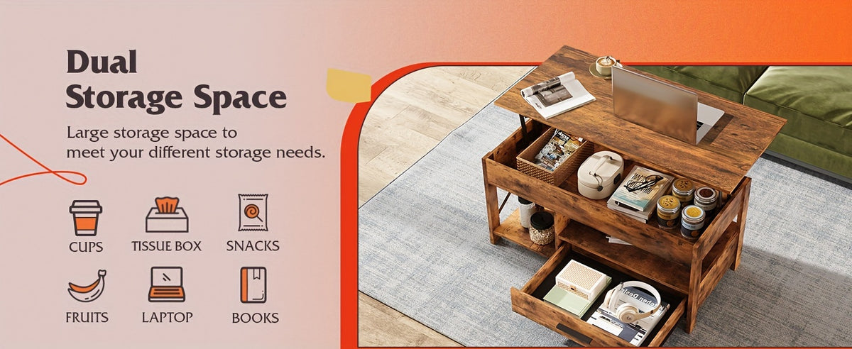 Lift Top Coffee Table with Storage Drawers & Hidden Compartment – Modern Wood Living Room Center Table, Space-Saving Multifunctional Design, 5 Colors
