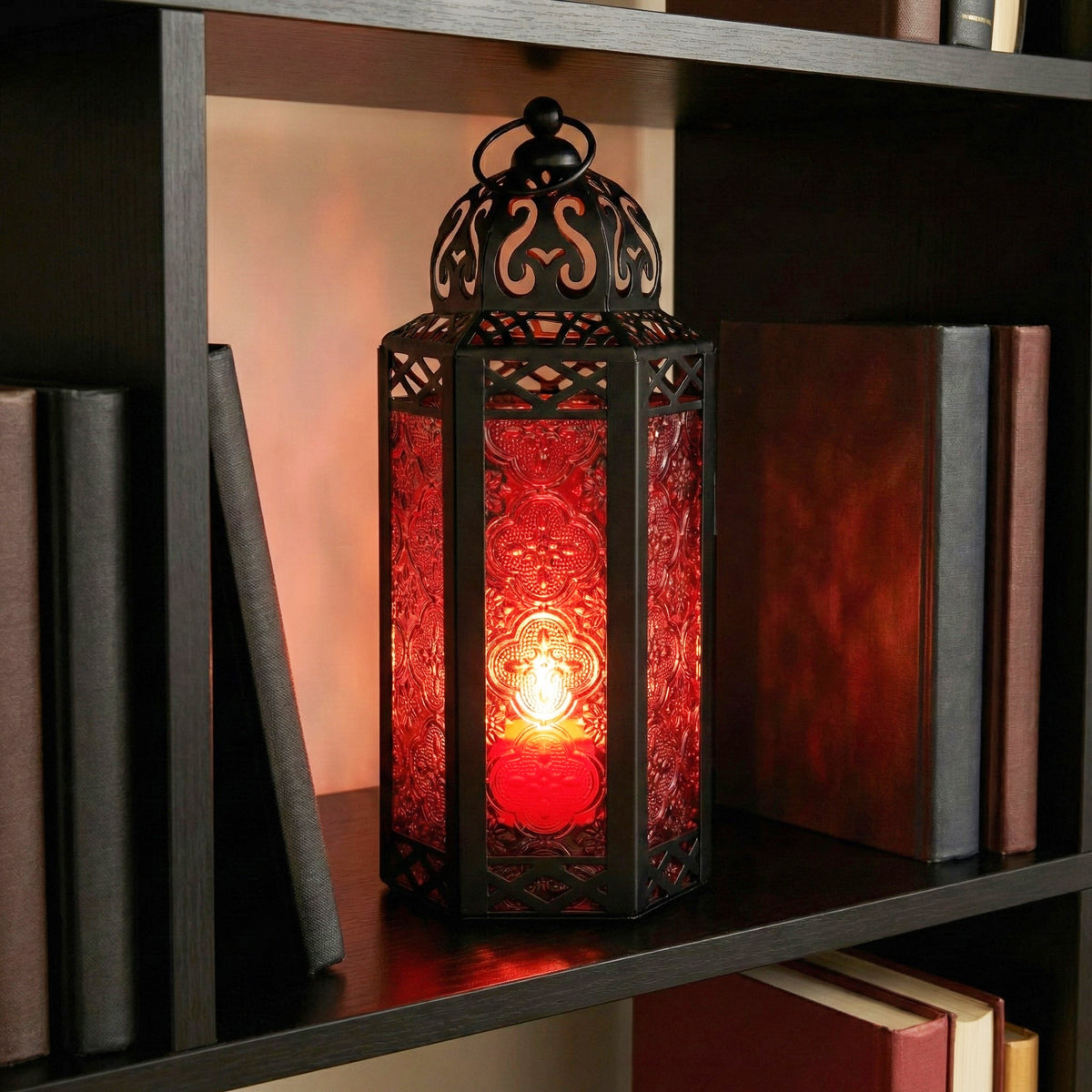 Moroccan Candle Lantern Holder Medium 10.5 Inch – Handcrafted Glass Iron Metal Lantern with Embossed Floral Panels, 17 Colors, Indoor Outdoor Use for Ramadan, Wedding, Patio, Diwali & Home Decor