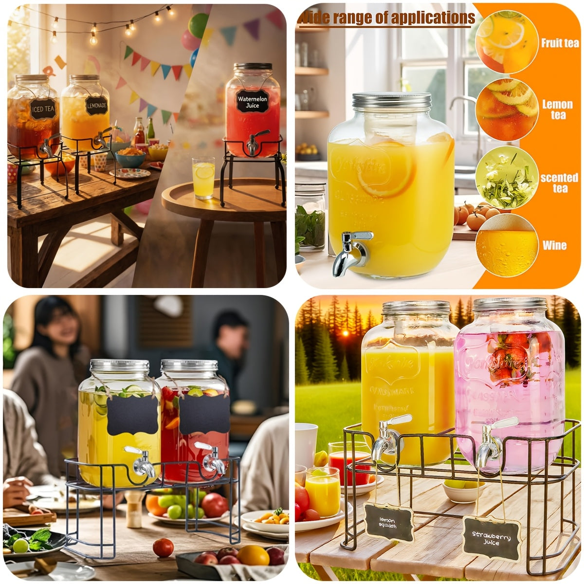 2-Pack 1-Gallon Glass Beverage Dispenser with Stand Stainless Steel Spigot and Ice Tube Leak-Proof Lemonade Water Drink Dispenser for Parties Camping Kitchen