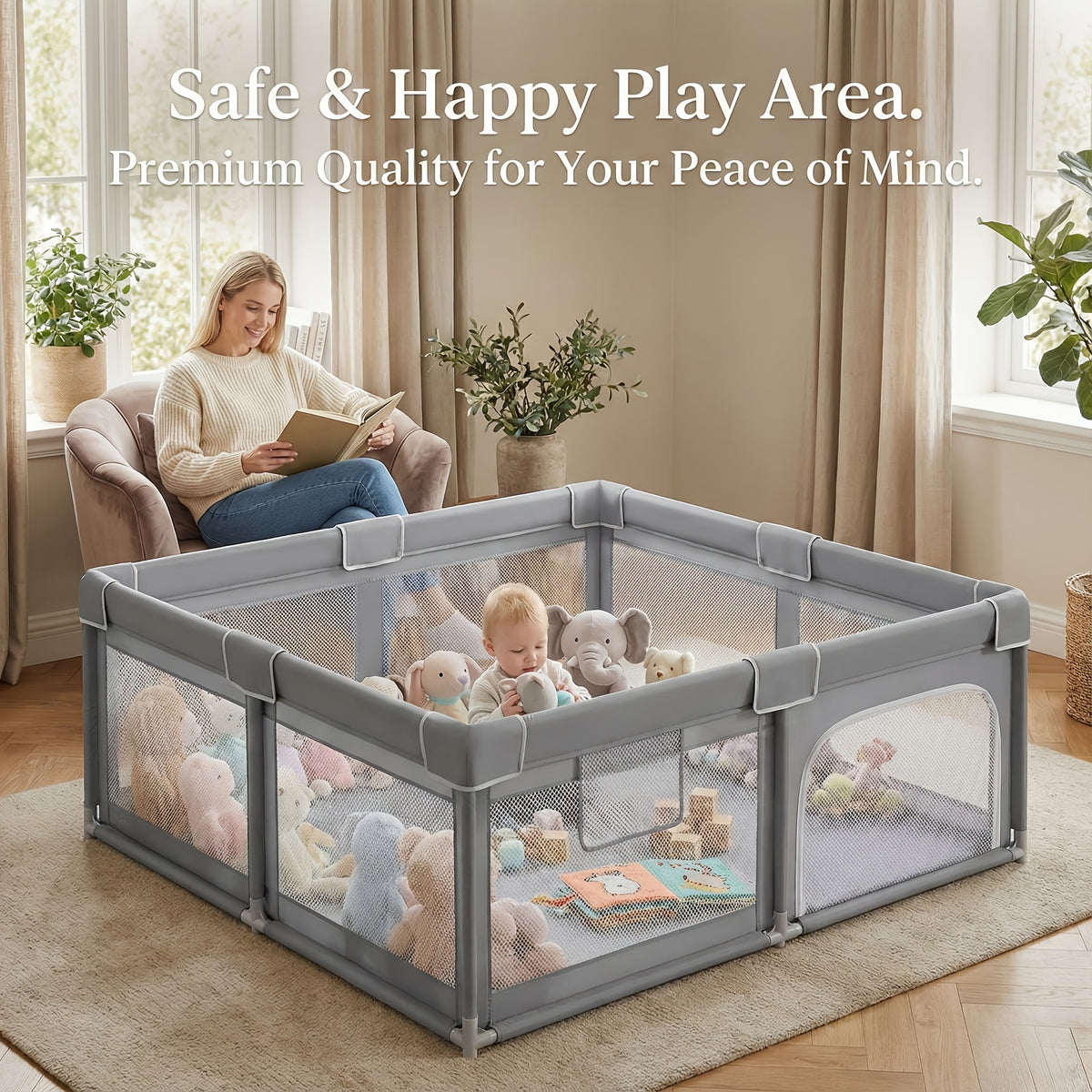 Baby Playpen 50x50 Inch Play Pen for Babies Toddlers Indoor Outdoor Baby Fence Play Yard Breathable Mesh Anti-Fall Safe Activity Center Grey