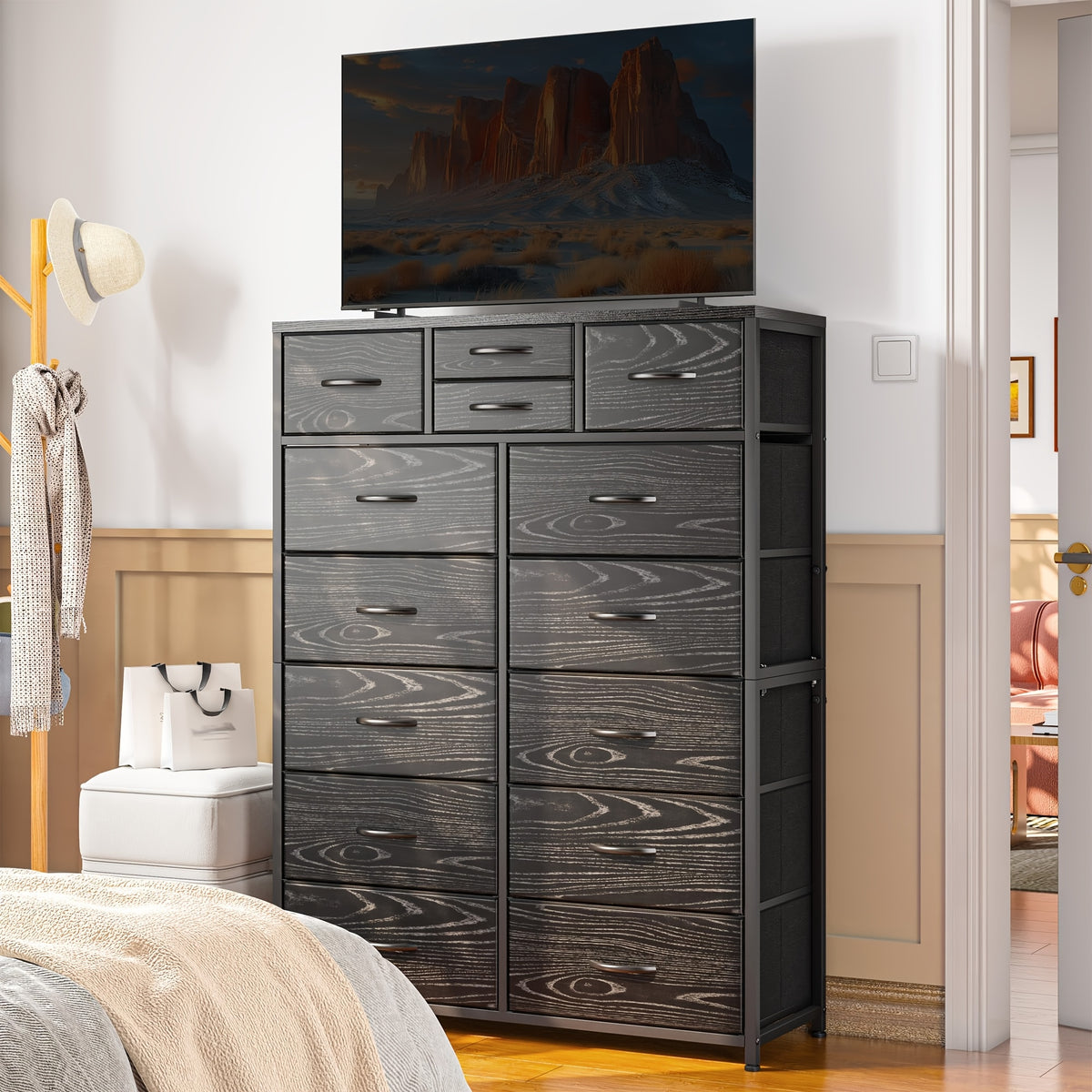 Tall Fabric Dresser with Wood Top & Metal Frame – Large Bedroom Dresser Storage Drawer Unit 37"W x 52"H for Closet Living Room Entryway