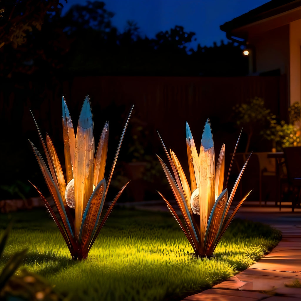 Metal Agave Solar Garden Lights Set of 2 (Large & Small) – Auto Dusk-to-Dawn Outdoor Stake Lights for Lawn, Courtyard, Garden & Patio Decor, 8 Color Options